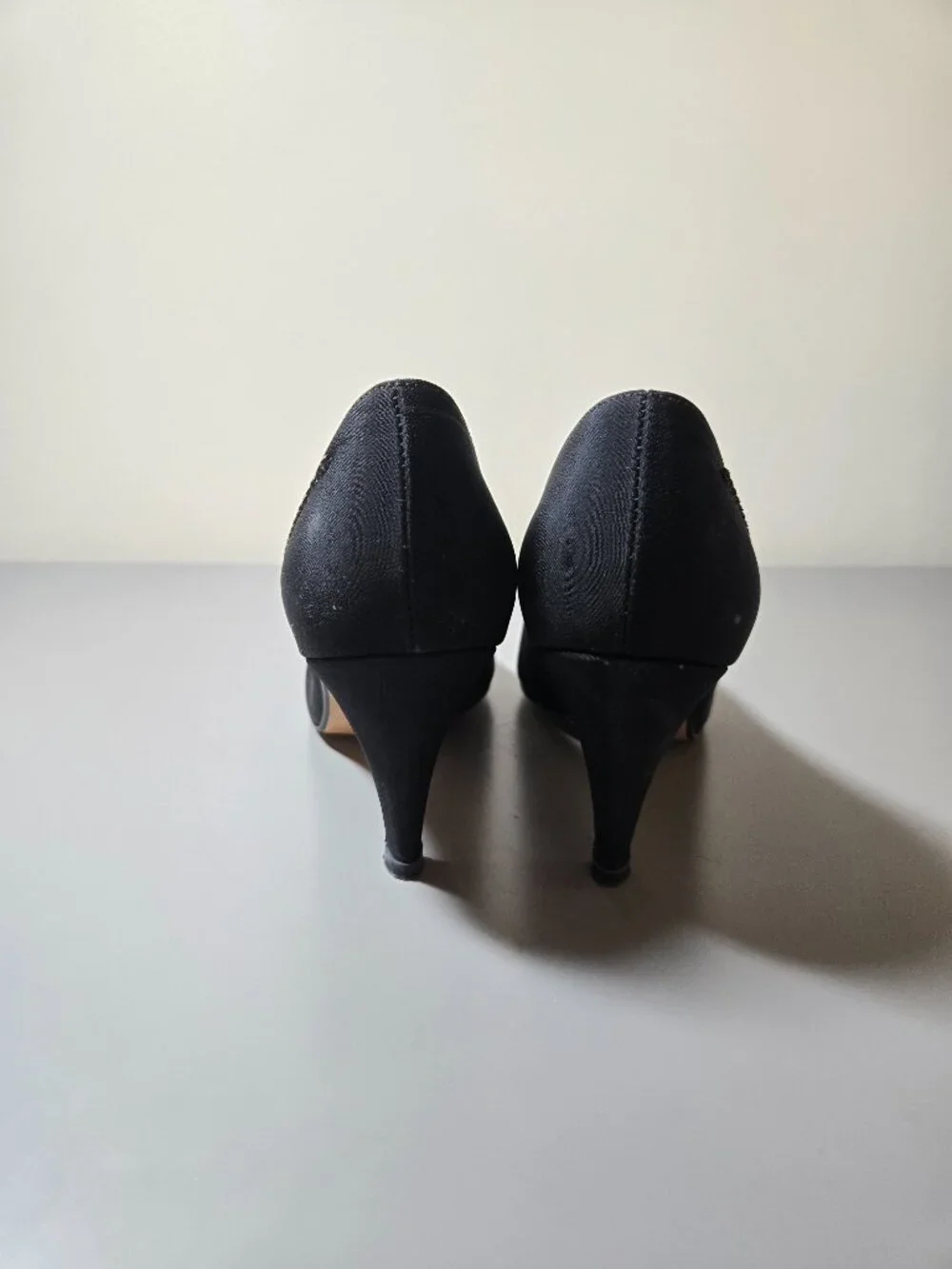 VINTAGE Impromptu Black Peau de Soie Satin Pumps with Rhinestone Detail, Classy